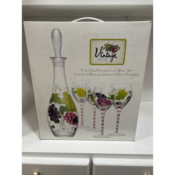 Brand New Sealed Vintage Home Essentials Handpainted Wine Goblets & Decanter Set - Picture 1 of 3